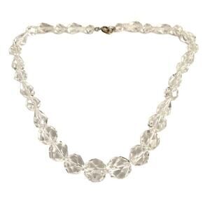 Vintage Crystal Beaded Necklace Faceted Clear Glass Beads Sterling Silver Clasp